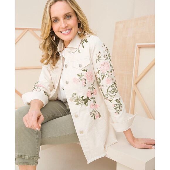 CHICO'S Beaded LEOPARD EMBROIDERED FLORAL Western DENIM JEAN Jacket 0 US 4/6 - Picture 3 of 14